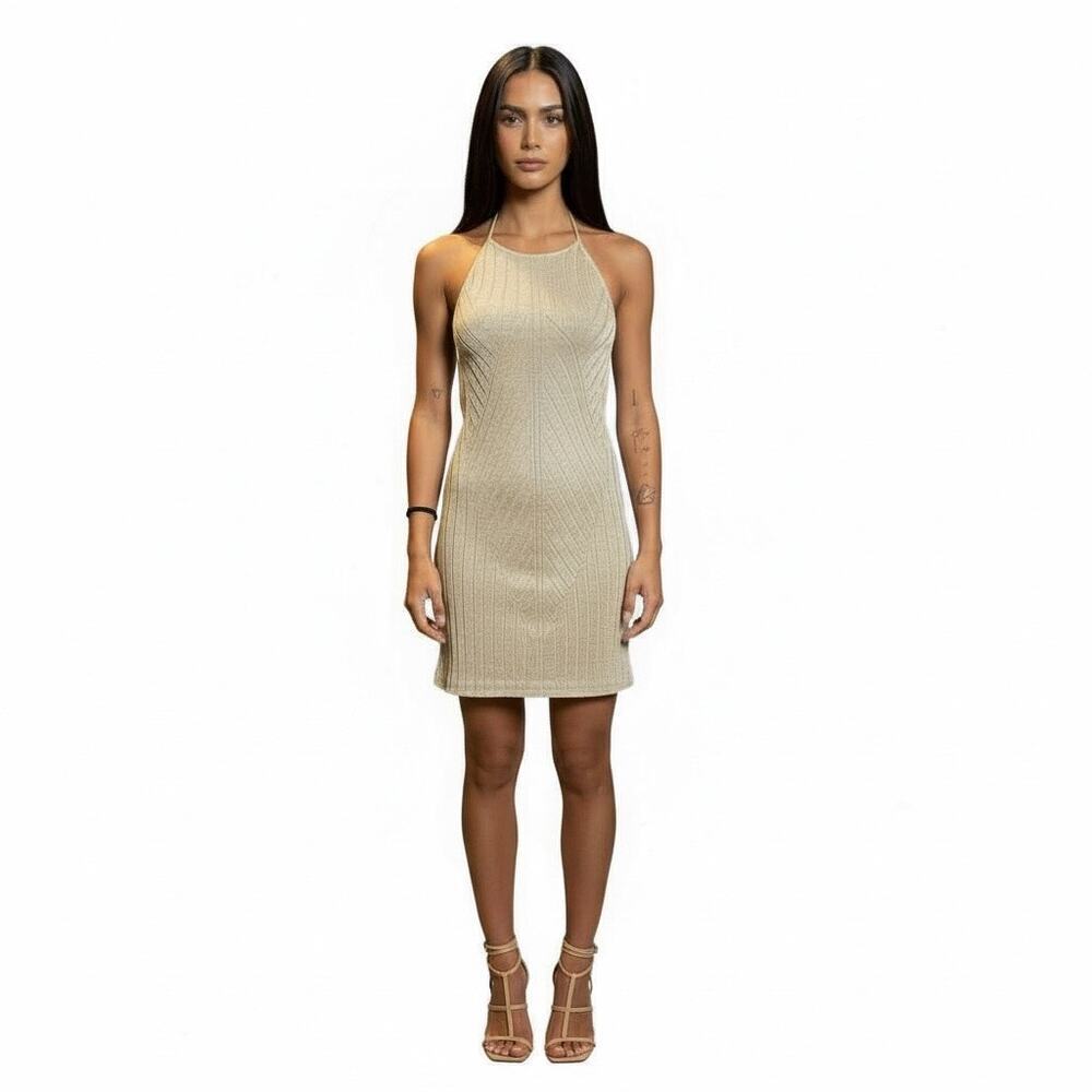 Salvatore Ferragamo RARE RTW Gold Knit mini halter dress Size XS VINTAGE